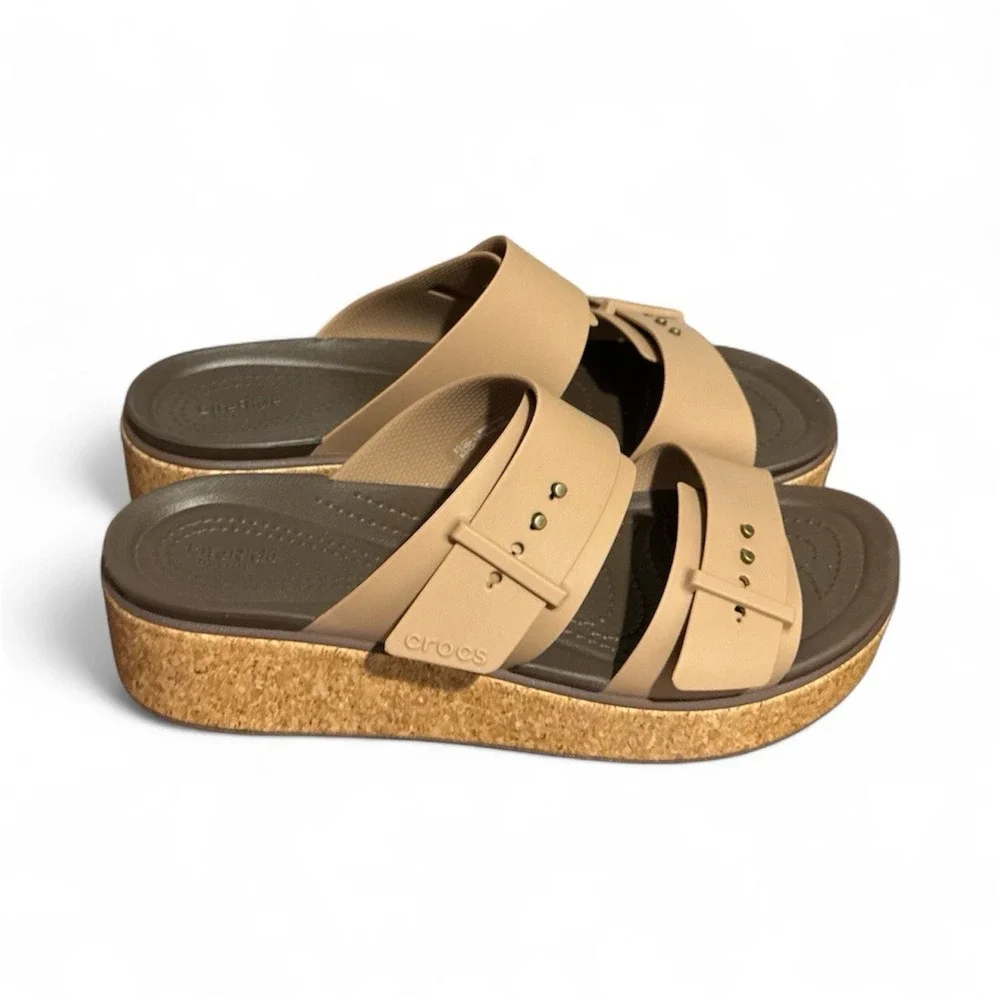 CROCS Tan and Brown Wedge Slide Sandals